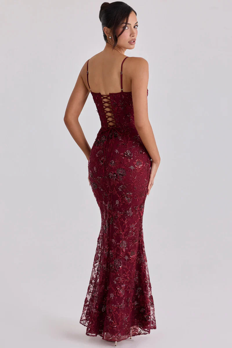 Wine hand beaded embellished corset maxi dress