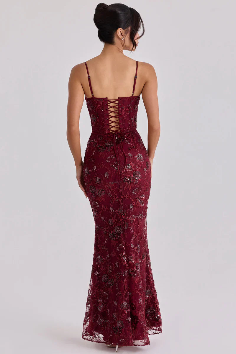 Wine hand beaded embellished corset maxi dress