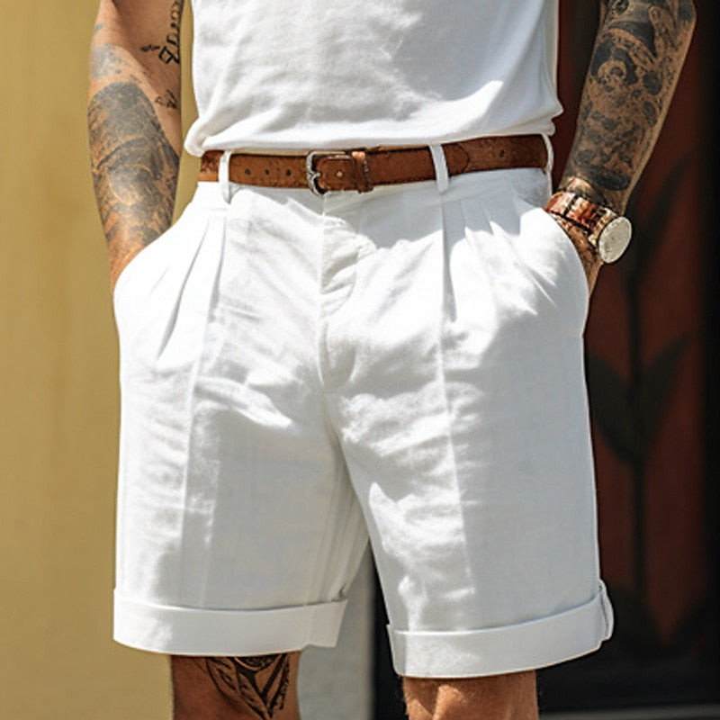 Light blue linen shorts with elastic waist and side pockets, casual summer pants close-up