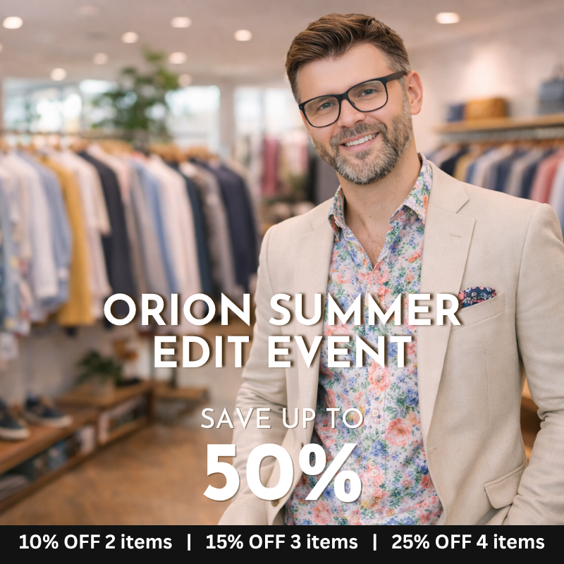 Summer edit event banner with mens linen suit look and text over store background