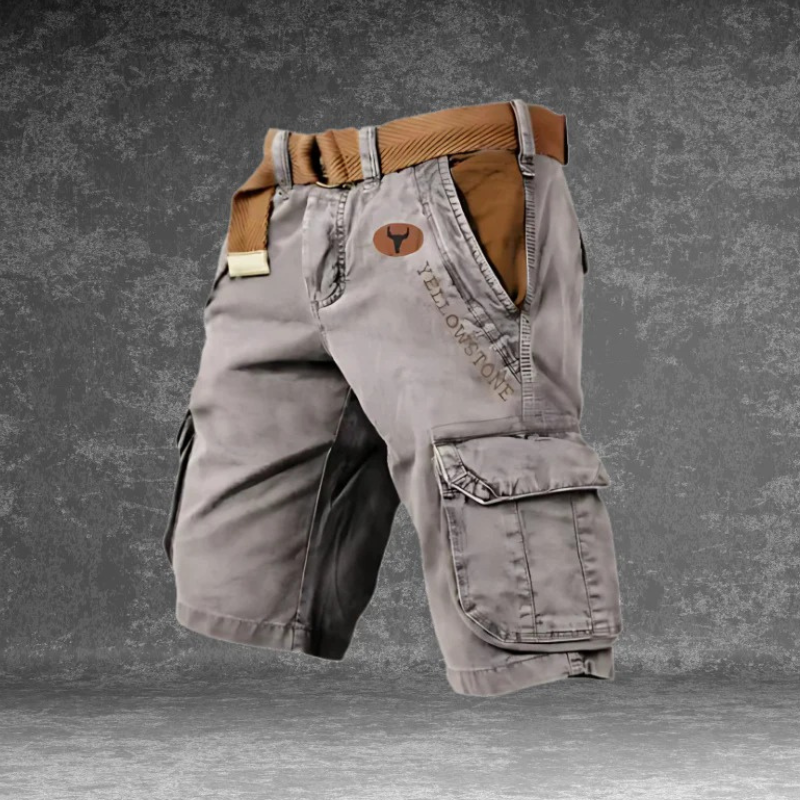 Navy cargo shorts on model with side pocket and zipper detail, casual summer bottoms