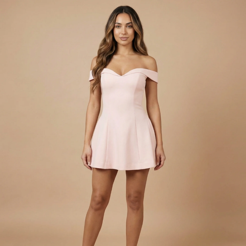Light pink off shoulder cocktail mini dress with flared skirt, front view