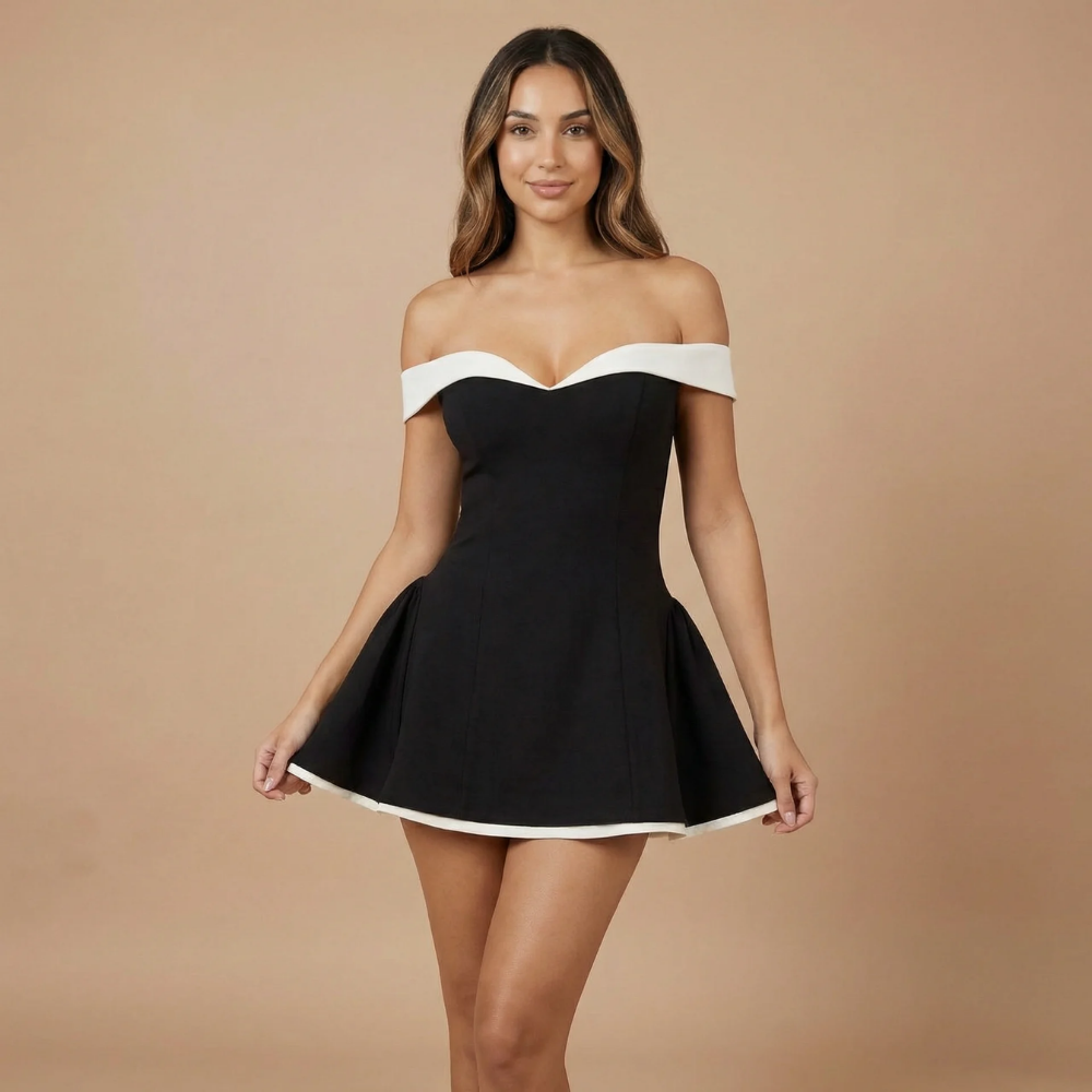 Black off shoulder mini dress with white trim and flared skirt, front view