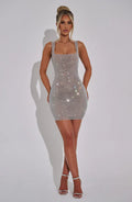 Silver rhinestone square neck mini dress with fitted bodycon silhouette and thin straps