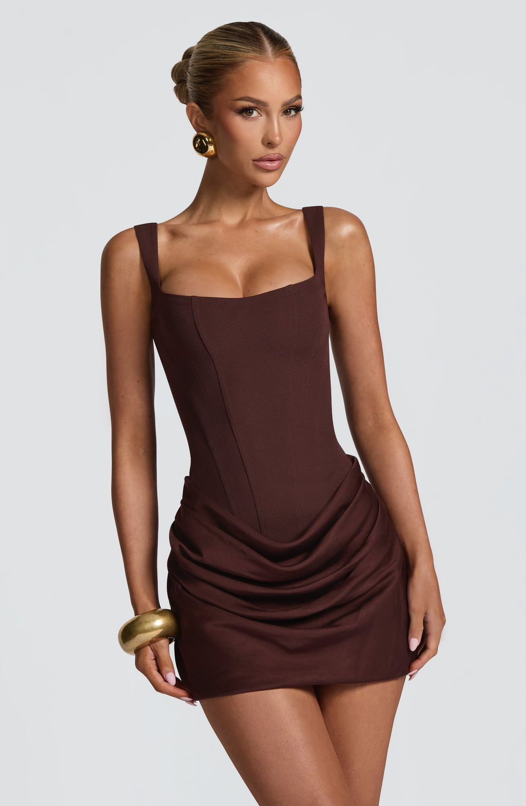 Women cocktail satin mini dress in chocolate brown, close front view with fitted bodice
