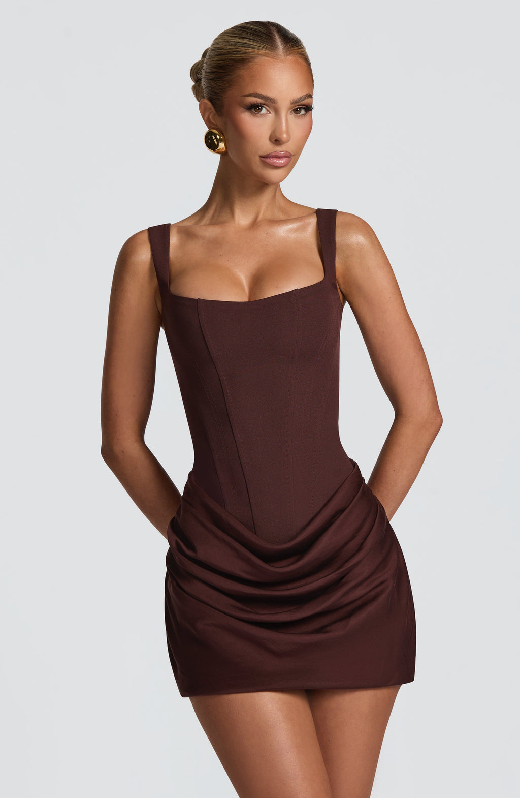 Chocolate satin mini dress with square neckline and ruched skirt, front view
