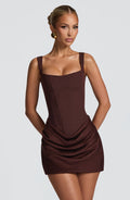 Chocolate satin mini dress with square neckline and ruched skirt, front view