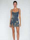 Navy sequin square neck mini dress with gold celestial embroidery and thigh slit, front view