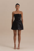 Black strapless sequin mini dress, front view with structured bodice and flared skirt
