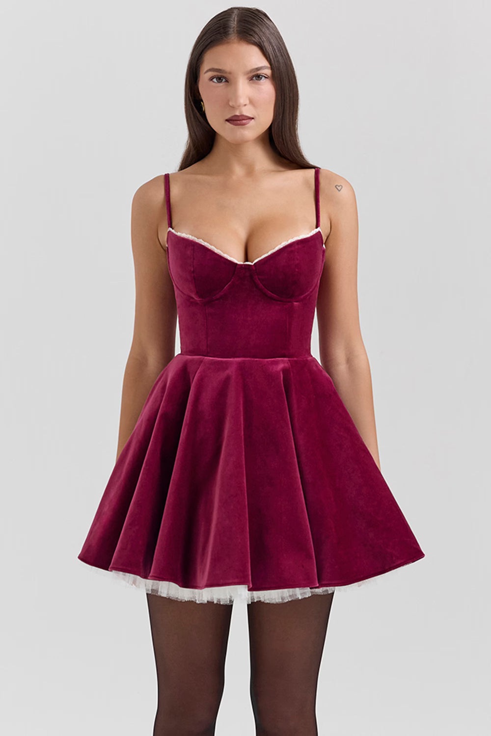 Burgundy velvet sweetheart mini skater dress with lace trim neckline and flared skirt, front view