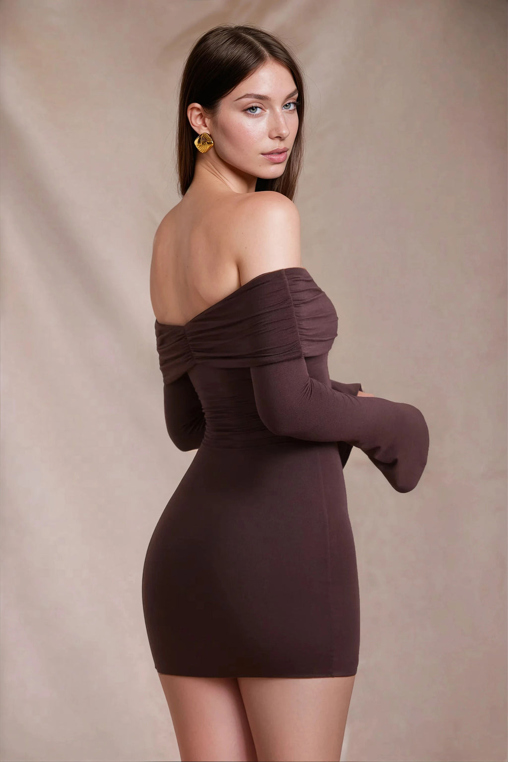 Brown fitted mini dress with open shoulders and long flared sleeves for women, back angle