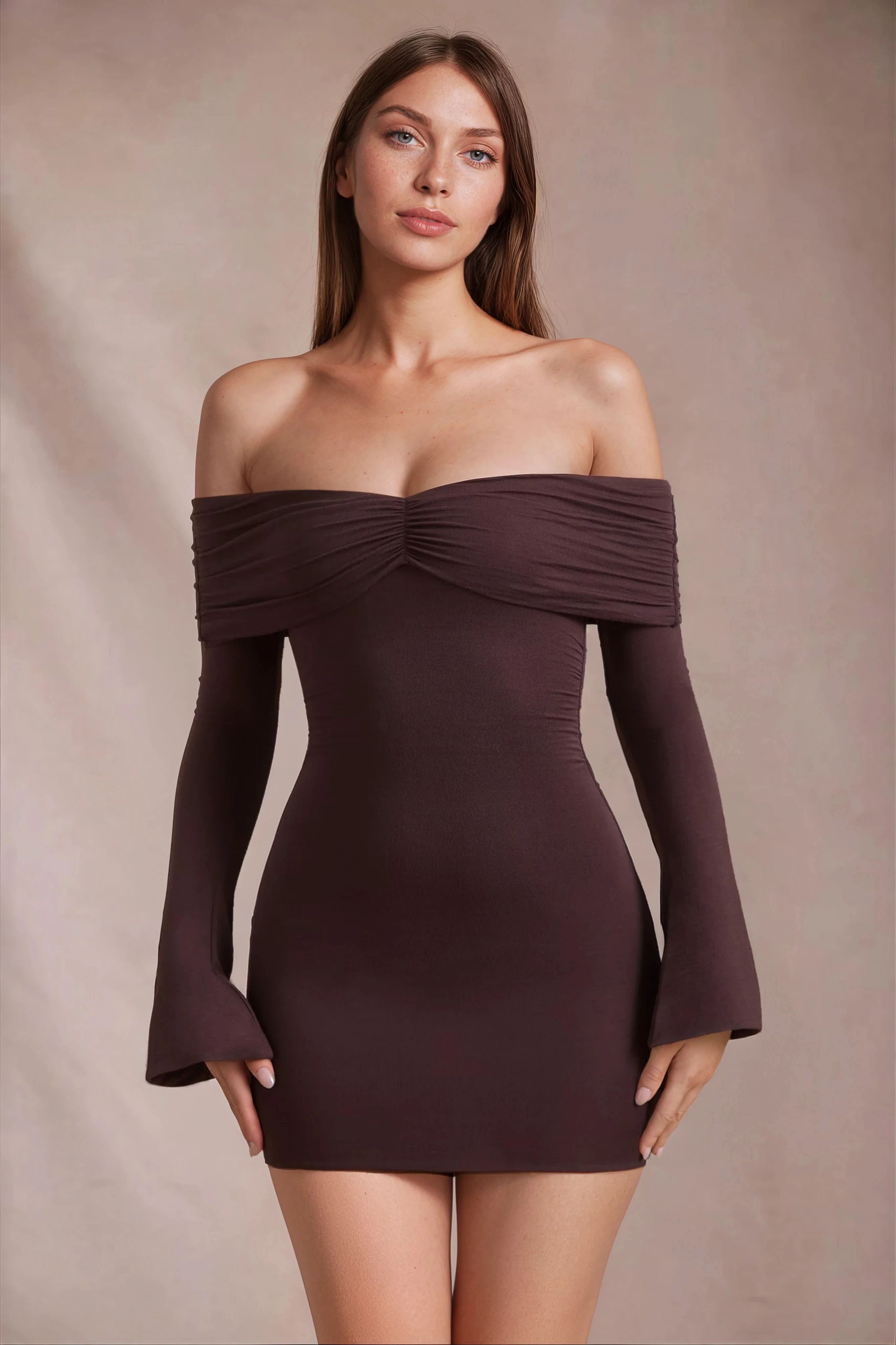 Brown mini dress with off shoulder neckline and long sleeves for women, front view
