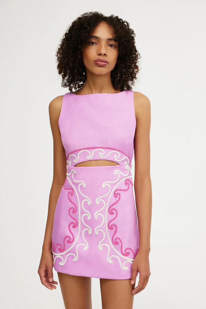 Pink embroidered cutout mini dress with sleeveless boat neck and front waist cutout
