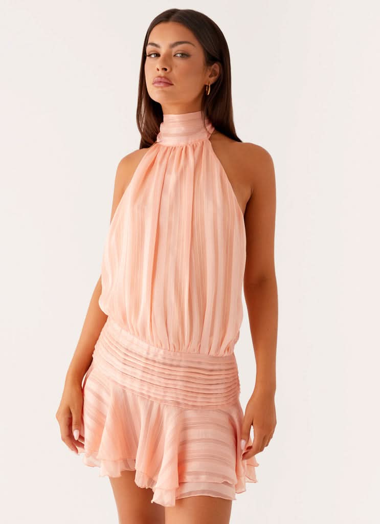 Pink halter mini dress with gathered neckline and pleated waist, lightweight summer dress