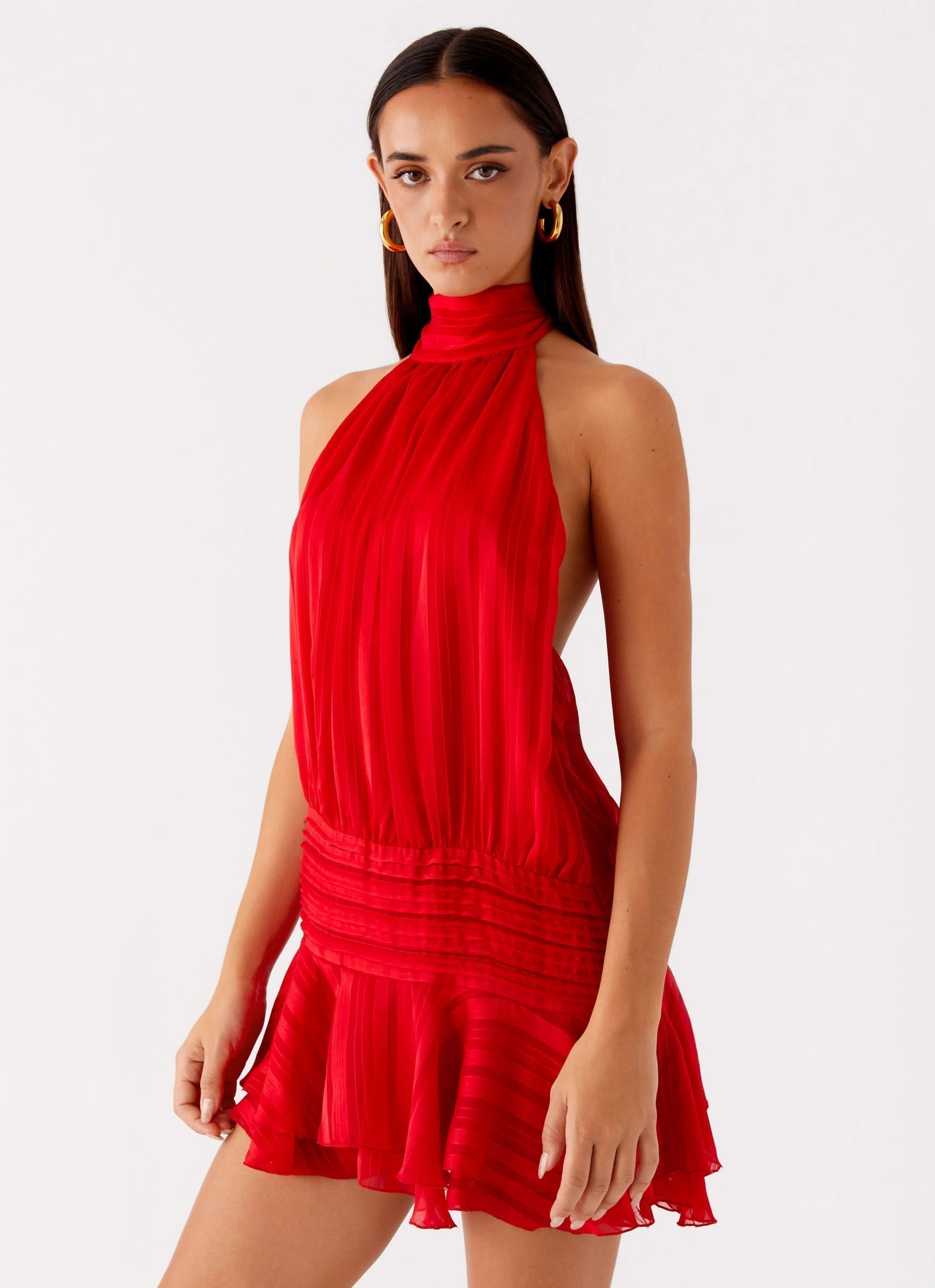 Red halter mini dress with sheer pleated fabric and flared skirt, women's summer dress