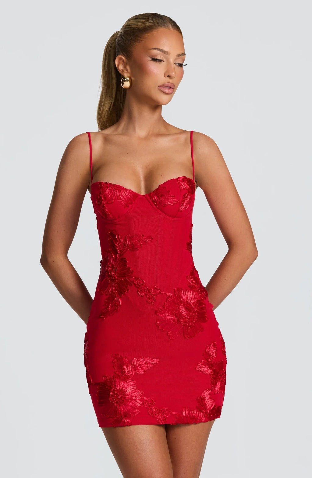 Close-up of red floral corset mini dress with sweetheart neckline and fitted waist