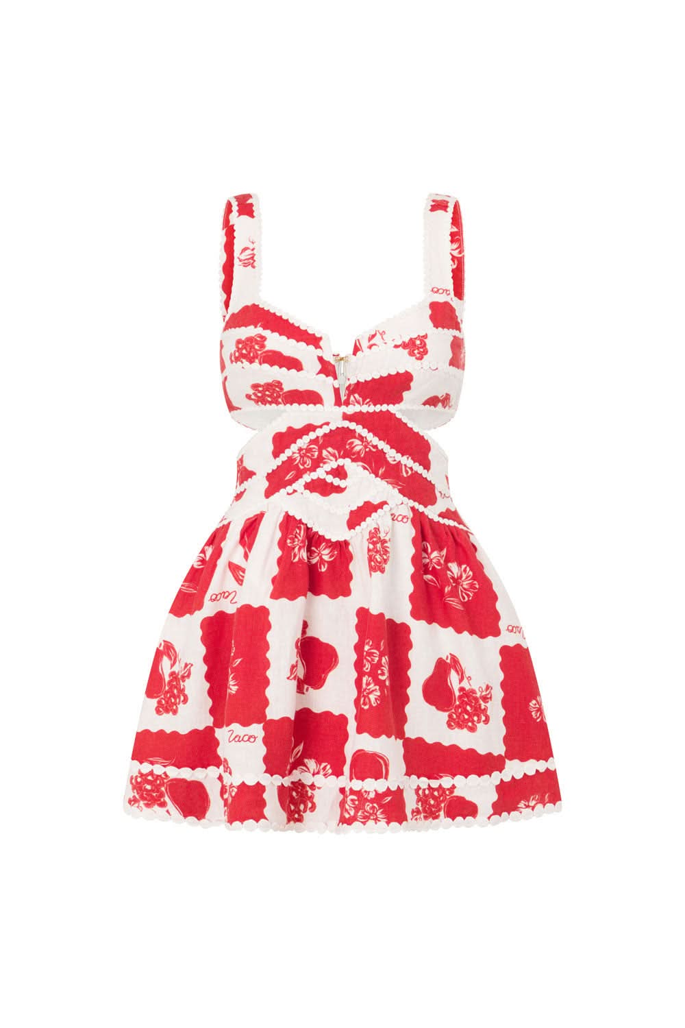 Studio front view red and white floral cut out mini dress with V-neck and flared skirt