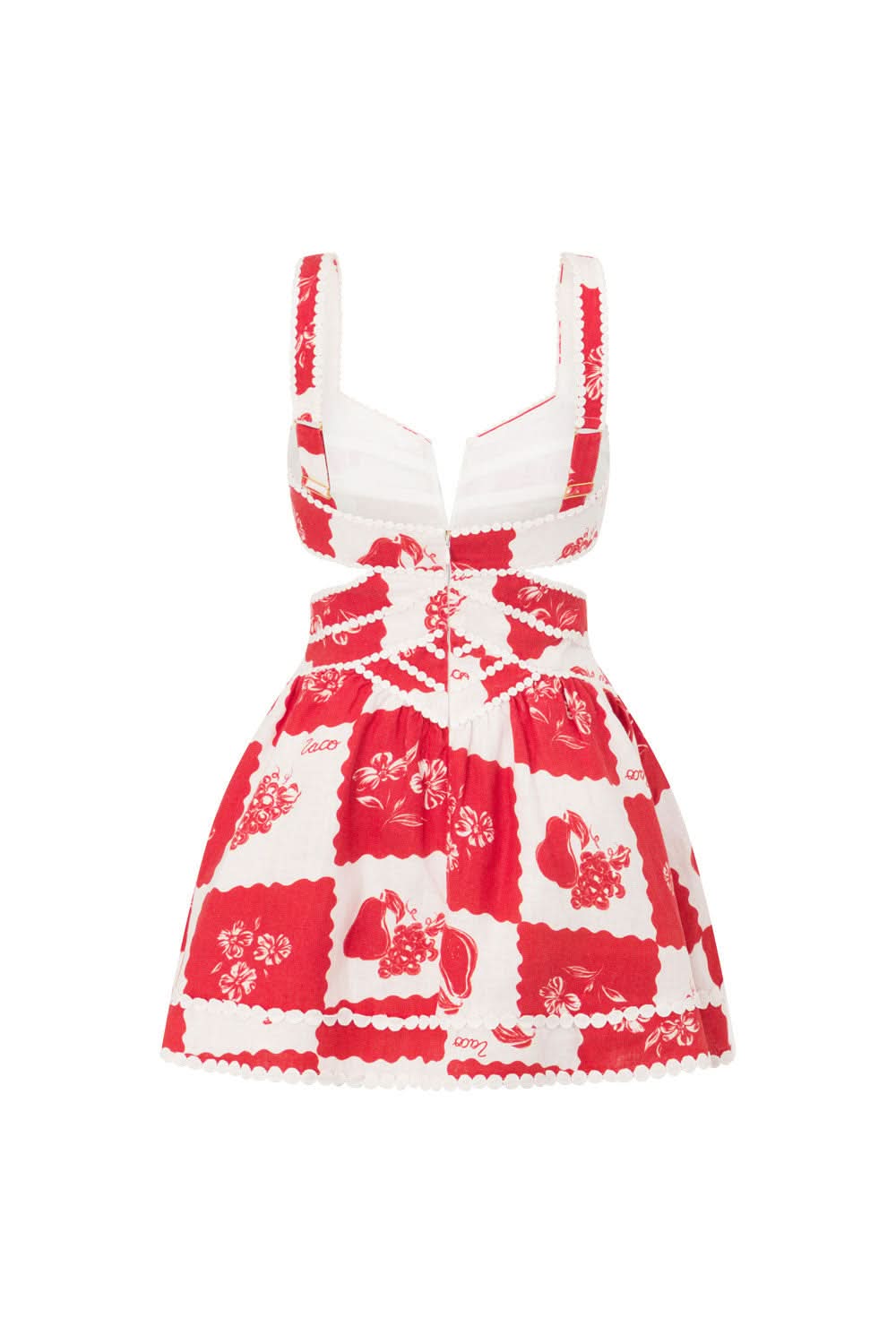 Studio back view red and white floral mini dress showing cut out sides and back closure