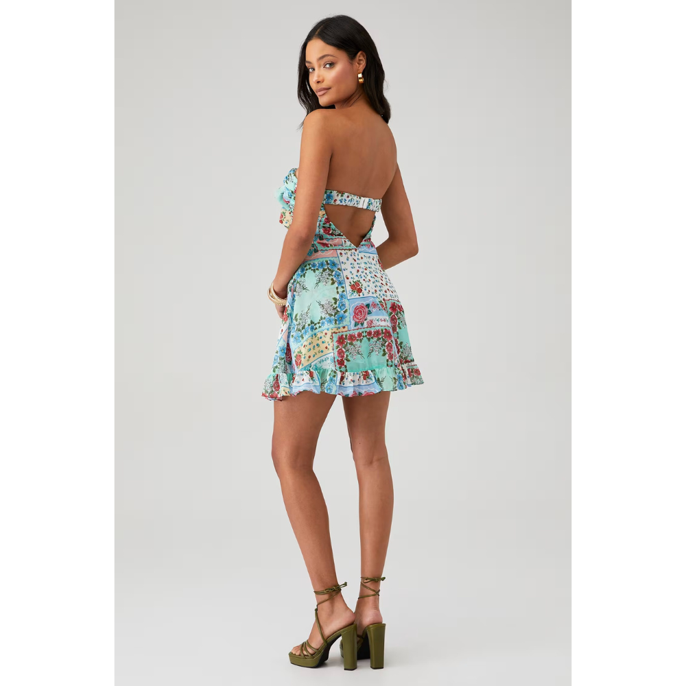 Pink pastel floral strapless mini dress with bow detail and ruffled hem
