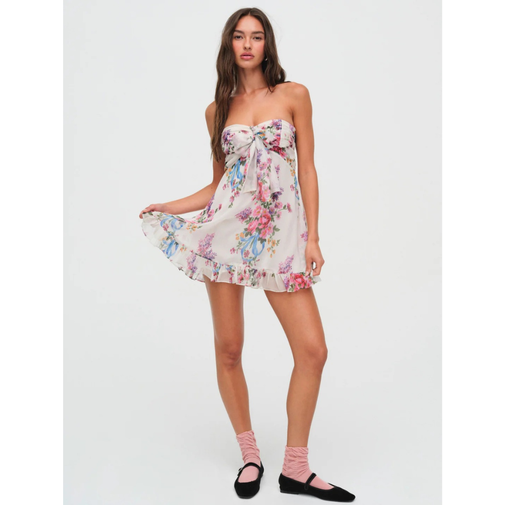 Front view of a floral strapless mini dress with fitted bodice and flared skirt