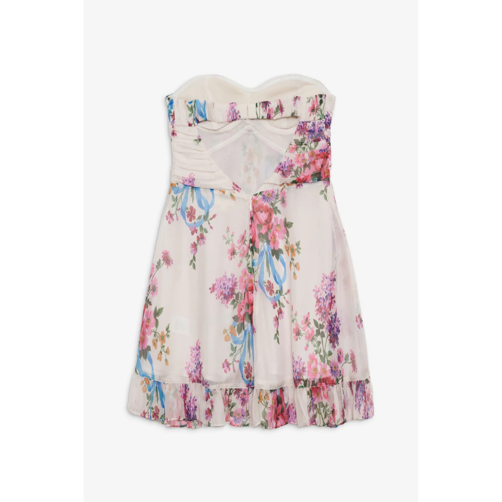 Hanging floral strapless mini dress with ruched top and ruffled hem, wedding guest dress