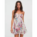 Floral strapless mini dress with ruffled hem in white and pink, wedding guest dress