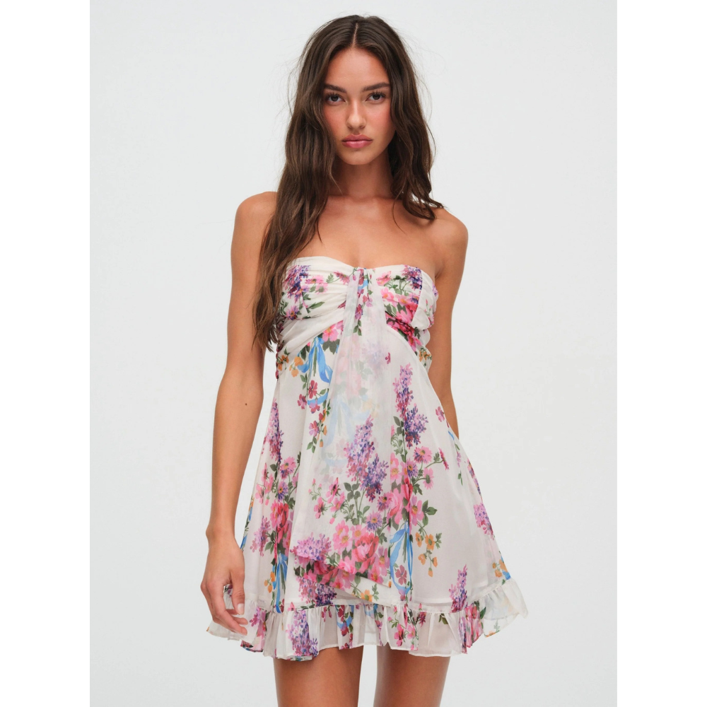 Floral strapless mini dress with ruffled hem in white and pink, wedding guest dress