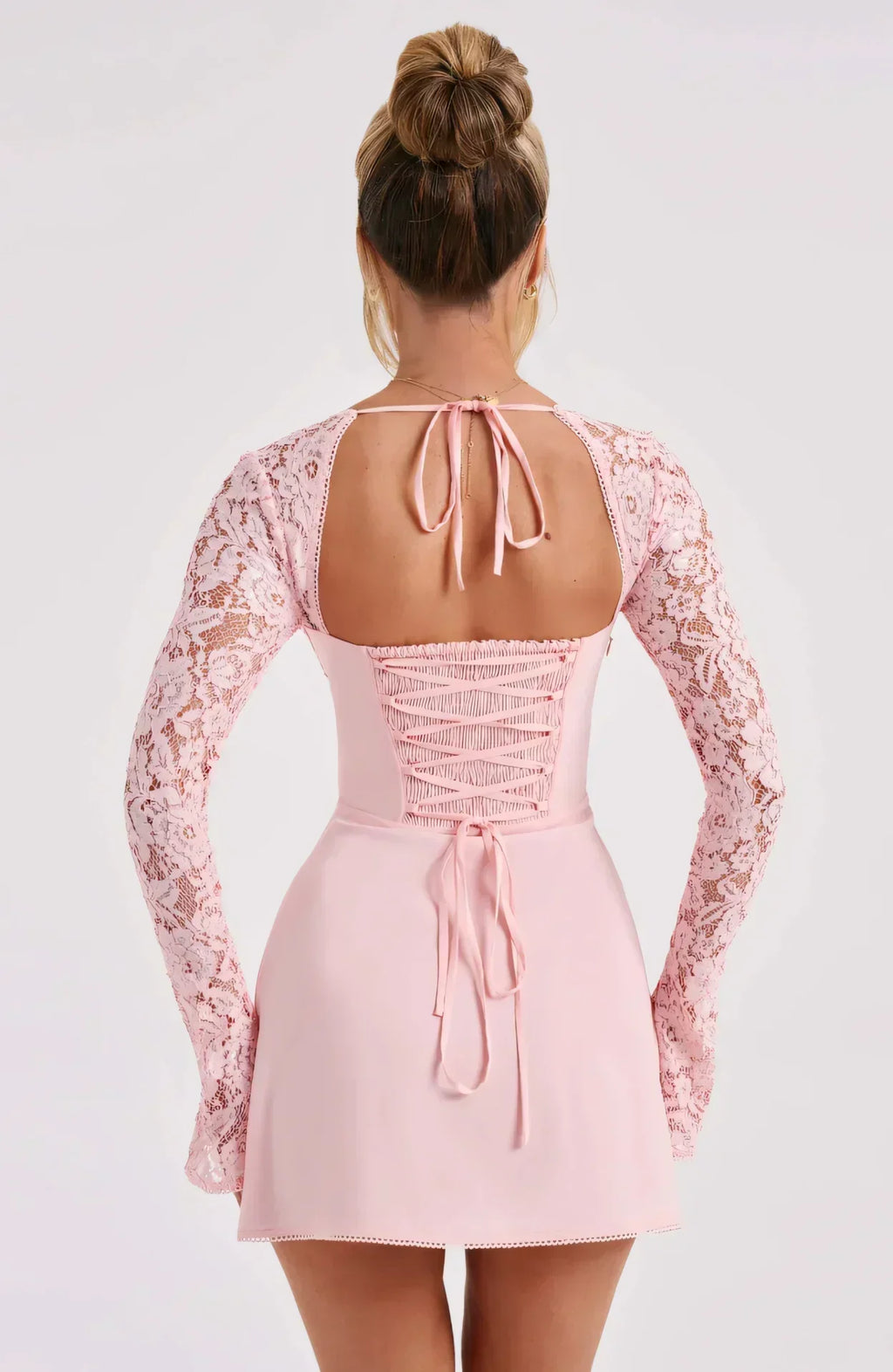Back view blush lace mini dress with square neckline, corset lace-up back and tie, wedding guest dress