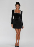 Black velvet mini dress with square neckline and floral crystal trim, wedding guest dress